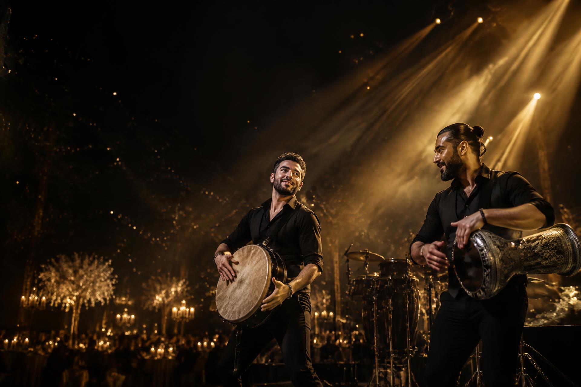 rythmoShow live percussion duo performing under golden stage lights